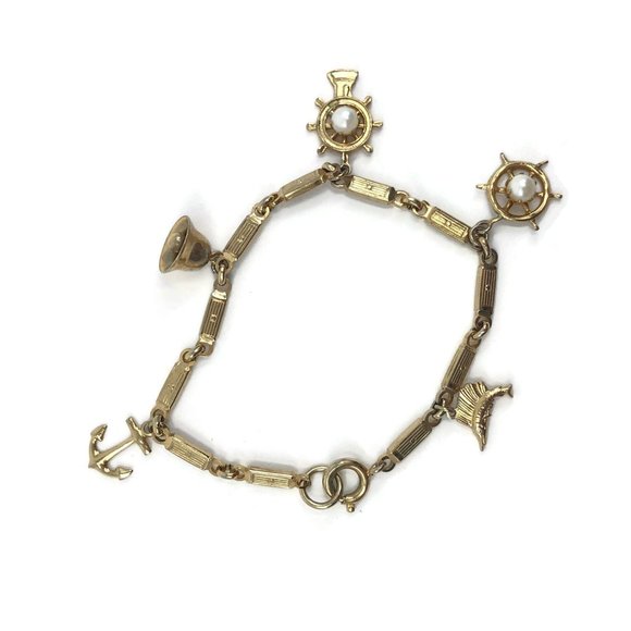 Nautical Themed Charm Bracelet Ships Wheel, Anchor - Picture 3 of 7